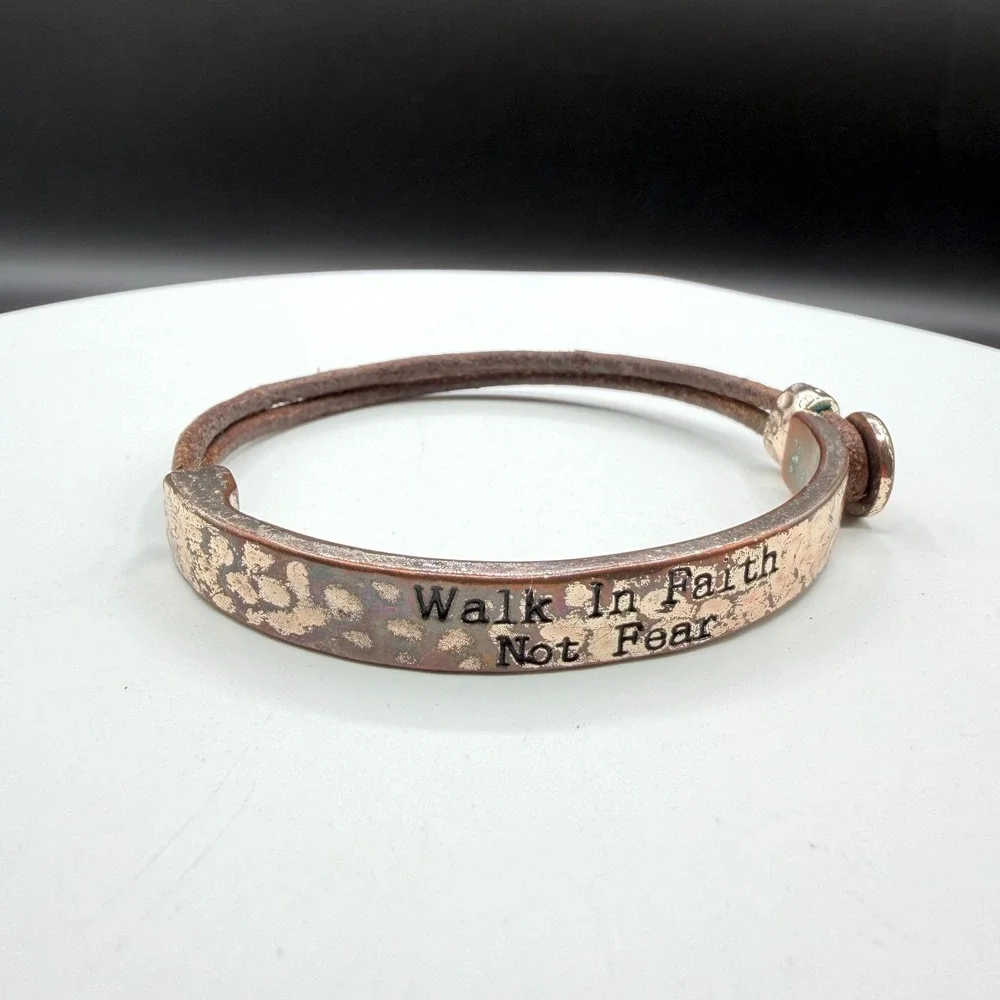 Copper Tone Walk In Faith Not Fear Brown Cord Bracelet Inspirational Jewelry